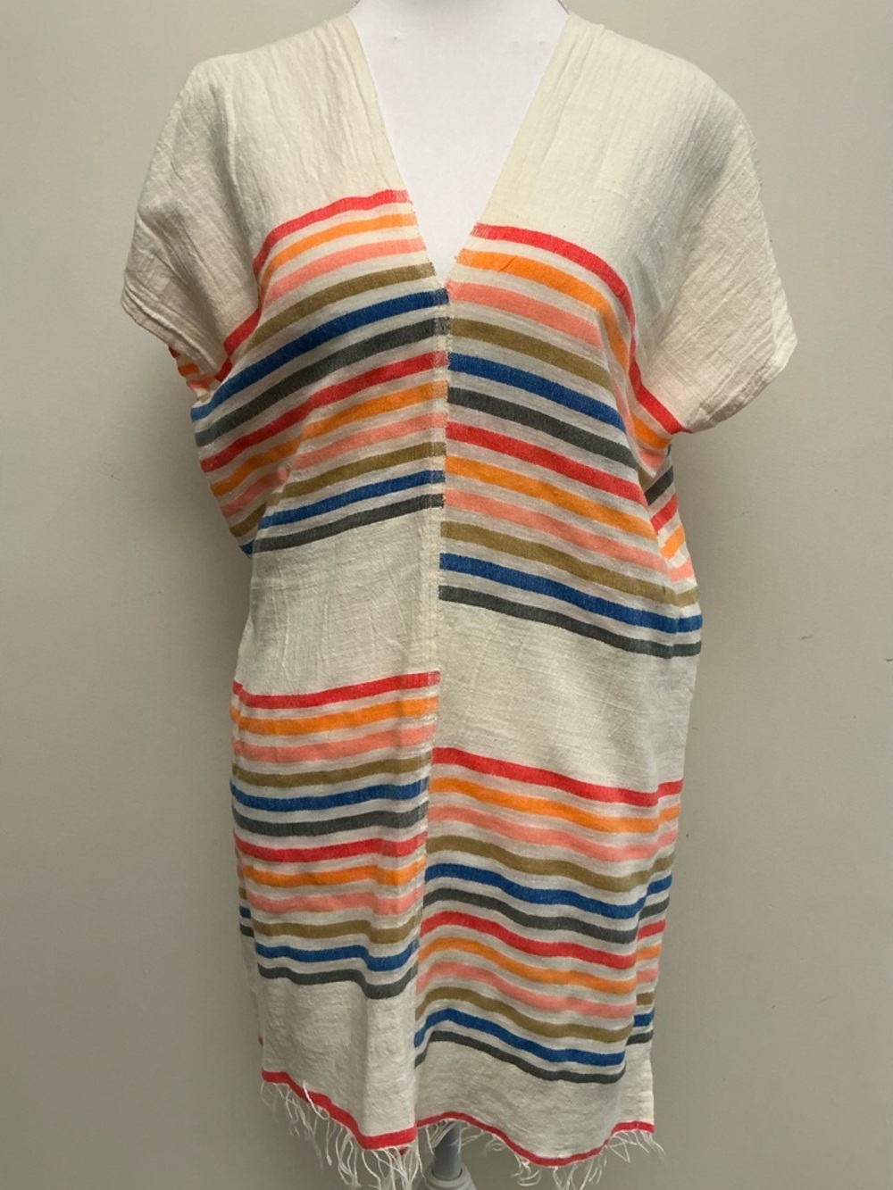Lemlem Striped V-Neck Tunic in Cream with Coral, Orange, Blue and Olive Stripes